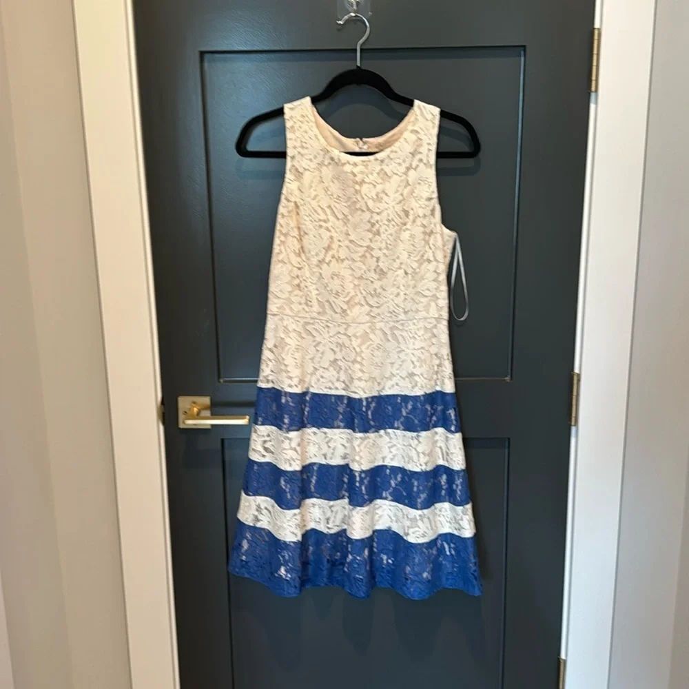 Champagne and Strawberry Midi Dress Blue and White Size M-NWT